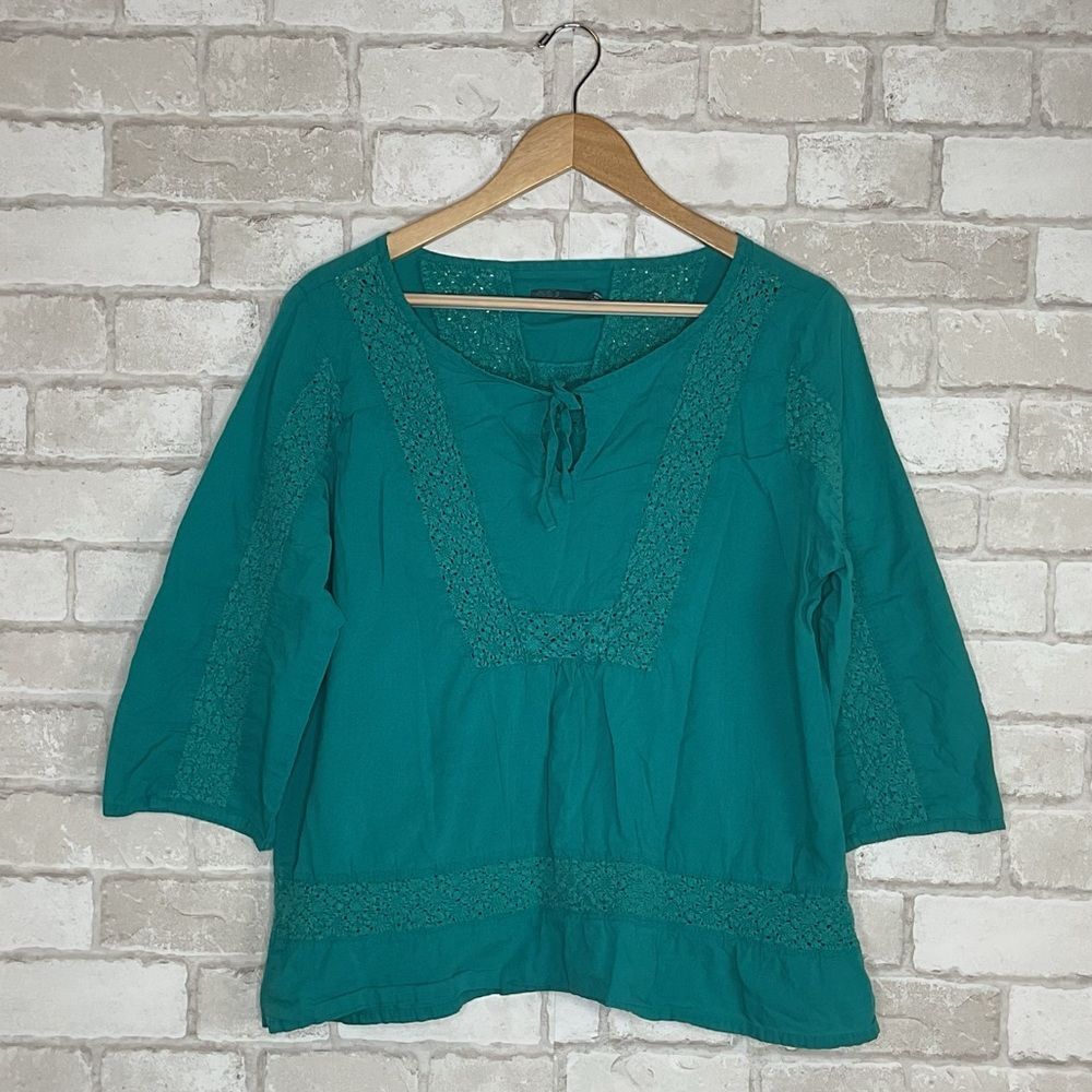 Prana Crochet Lace 100% Organic Cotton Teal Blouse Size XL